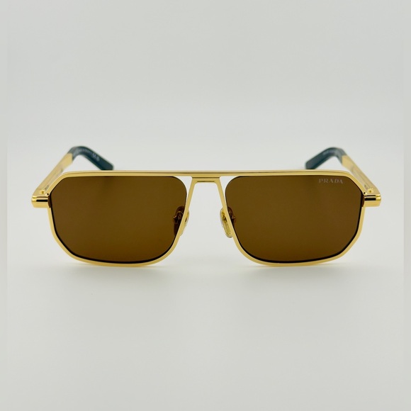Prada Sunglasses PRA53S Iconic Metal Plaque Opaque Gold Frame Brown Lenses Used! - Picture 1 of 16